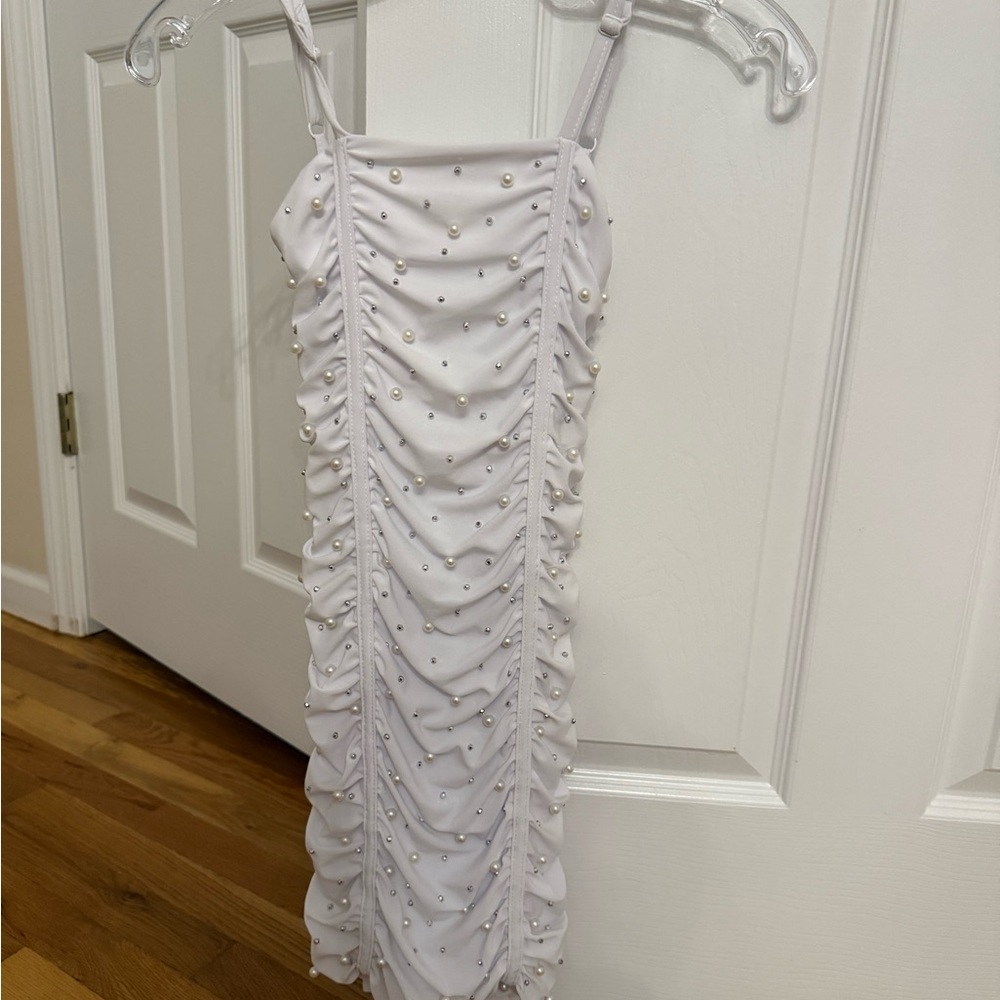 White Ruched Dress with Pearl Accents